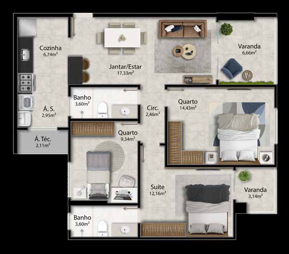 Planta tipo 06 — 3 quartos com suíte e boa distribuição interna