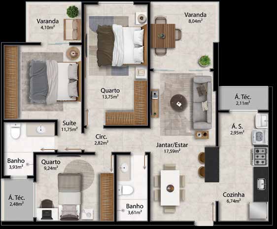 Planta tipo 05 — 3 quartos com suíte, sala/jantar, cozinha e varanda