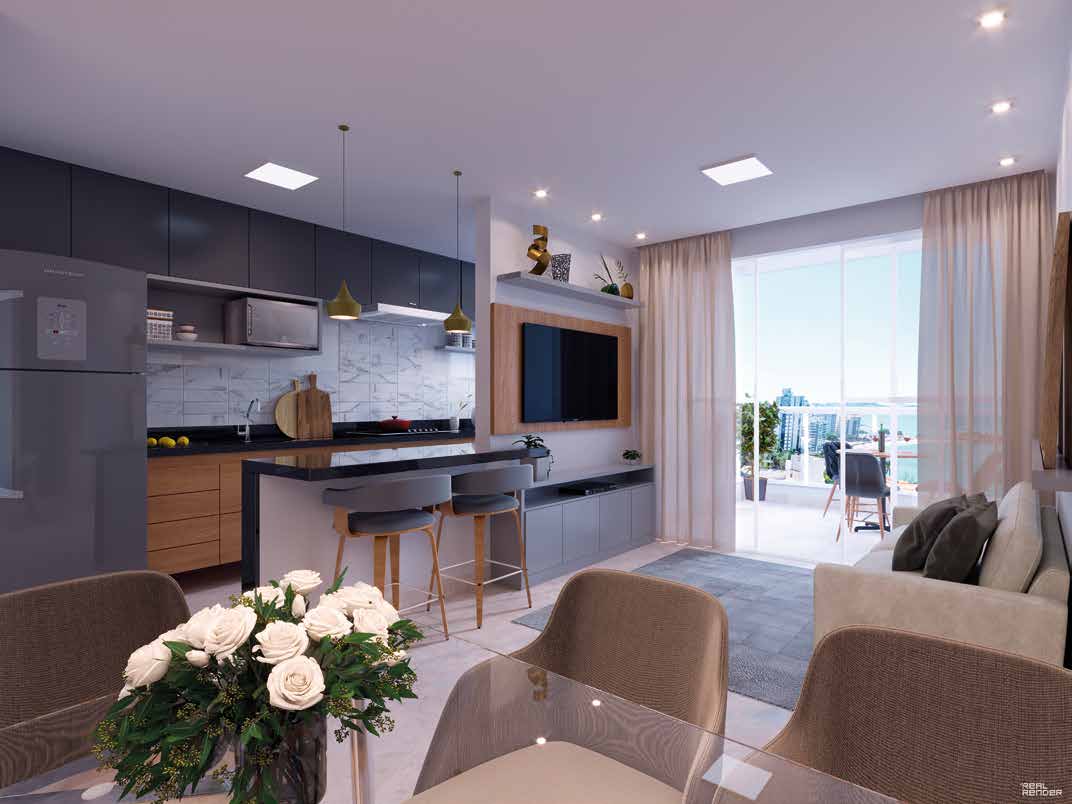 Living integrado com cozinha americana e varanda com vista