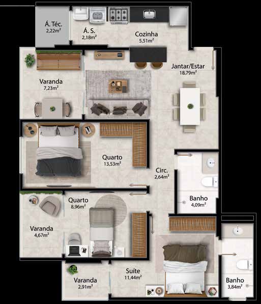 Planta tipo 04 — 3 quartos com múltiplas varandas