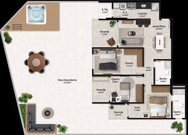 Cobertura 02 — área descoberta com spa, mesa externa e lounge