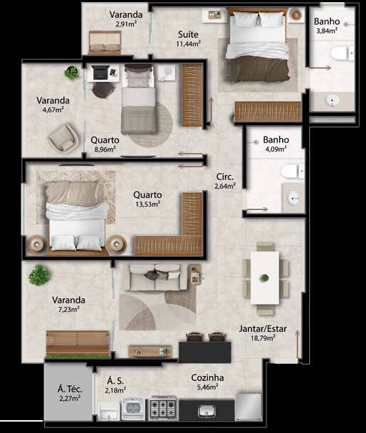 Planta tipo 01 — 3 quartos com suíte, sala/jantar e varandas