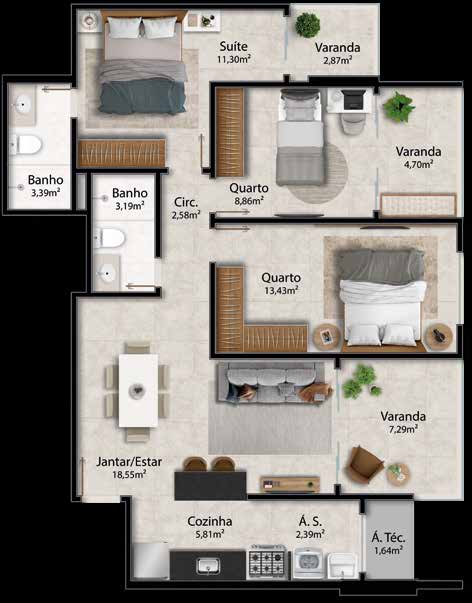 Planta tipo 07 — 3 quartos com suíte, cozinha e varandas