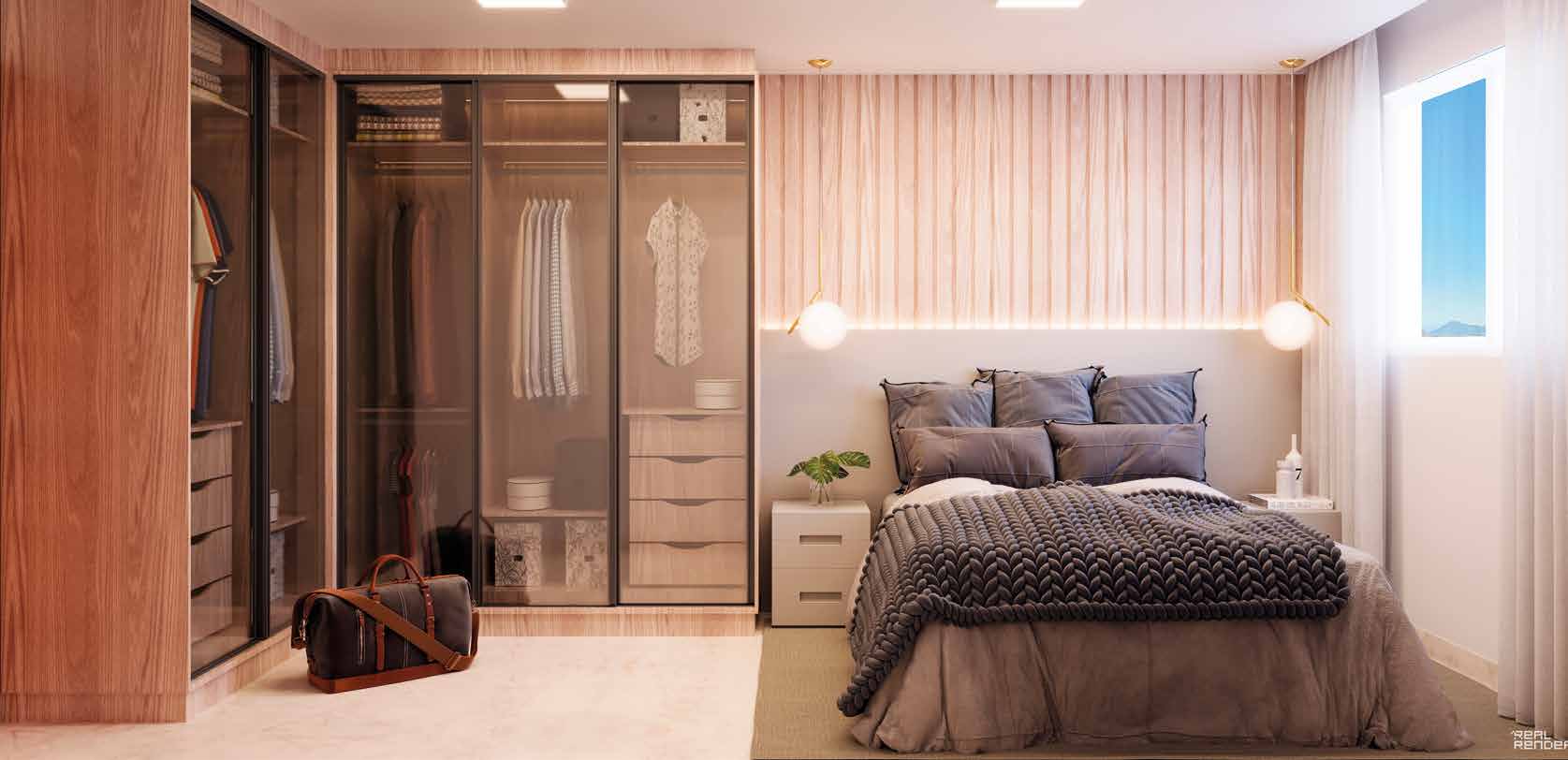 Suíte com closet planejado e iluminação suave